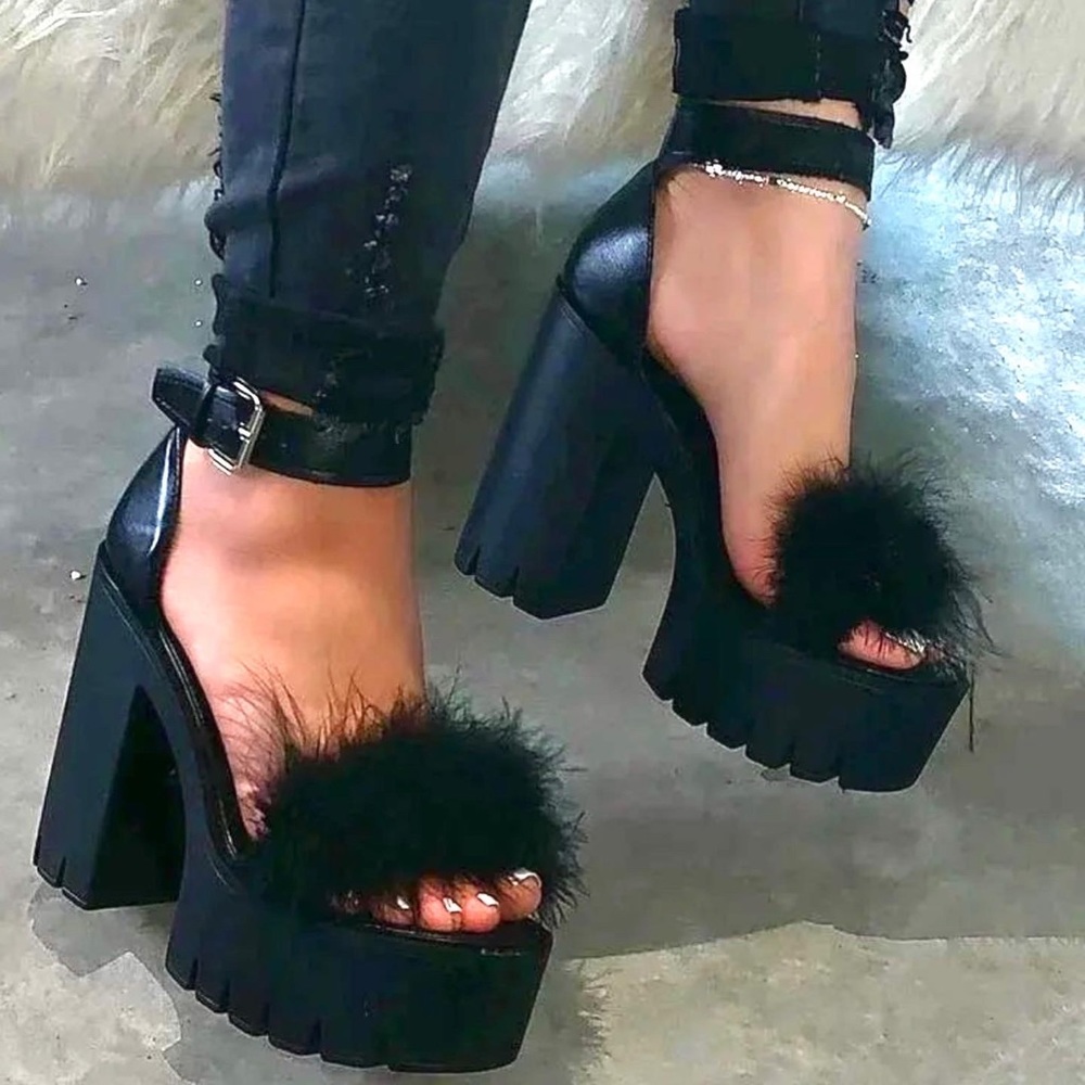 Black fluffy chunky block platform heels